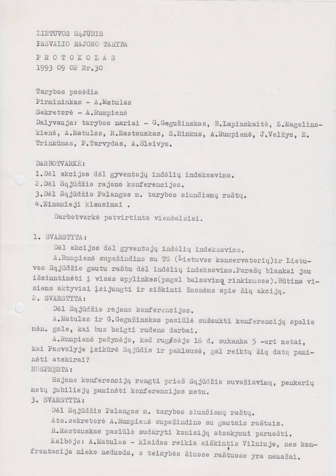 Lietuvos Sajūdžio Pasvalio rajono Tarybos 1993 m. rugsėjo 2 d. posėdžio PROTOKOLAS Nr. 30